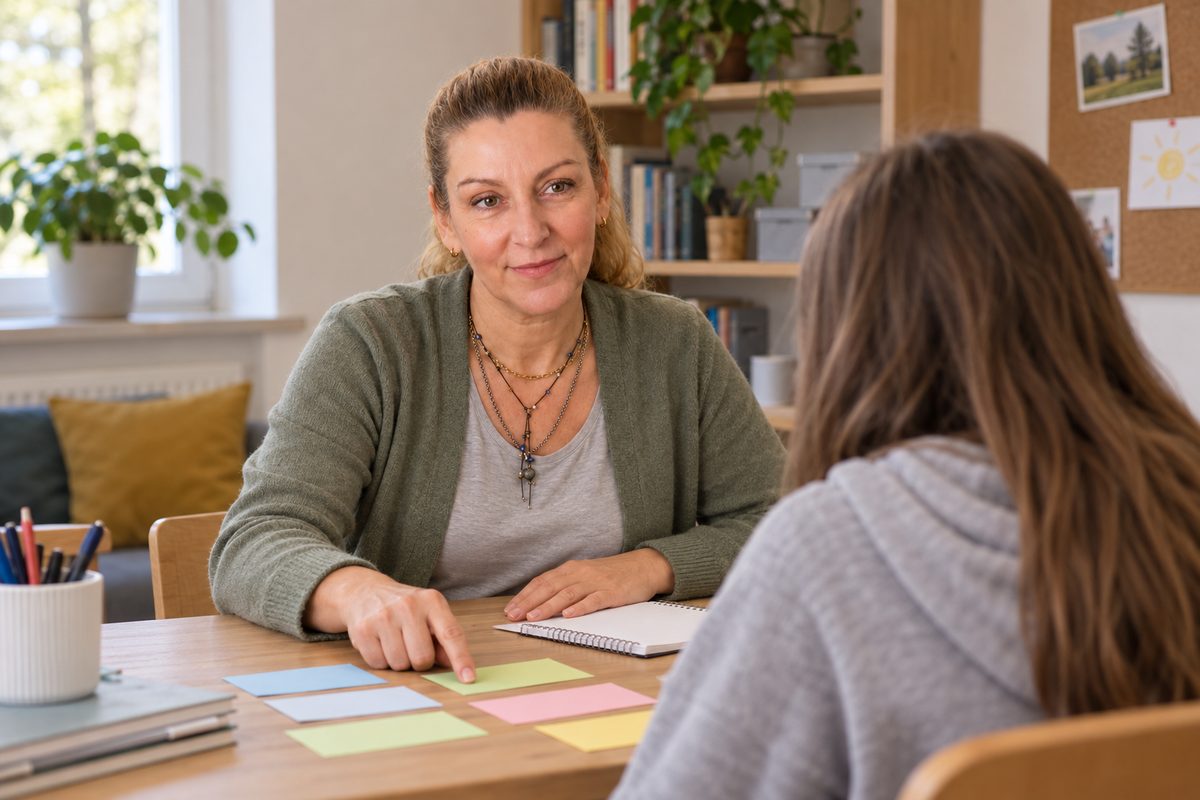Deeskalationskraft der REP GmbH arbeitet mit Karten zur strukturierten Gesprächsführung