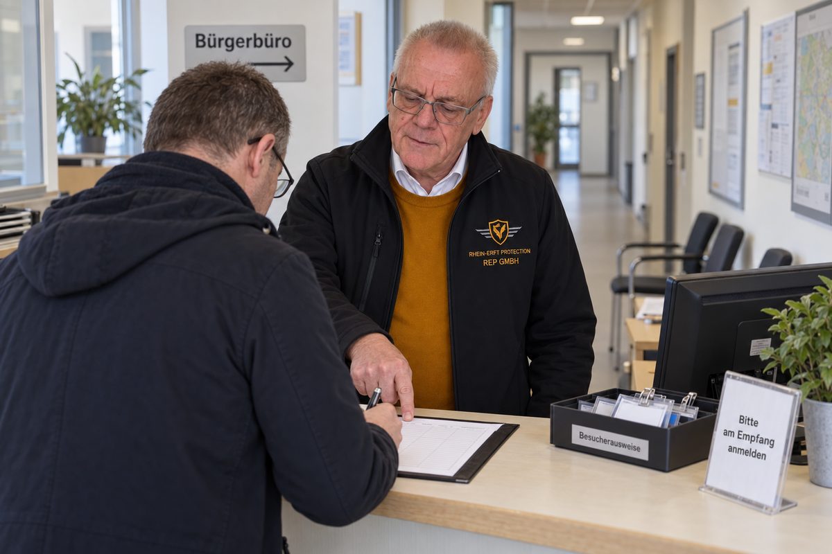 Mitarbeiter der REP GmbH unterstützt einen Besucher an der Anmeldung eines Bürgerbüros