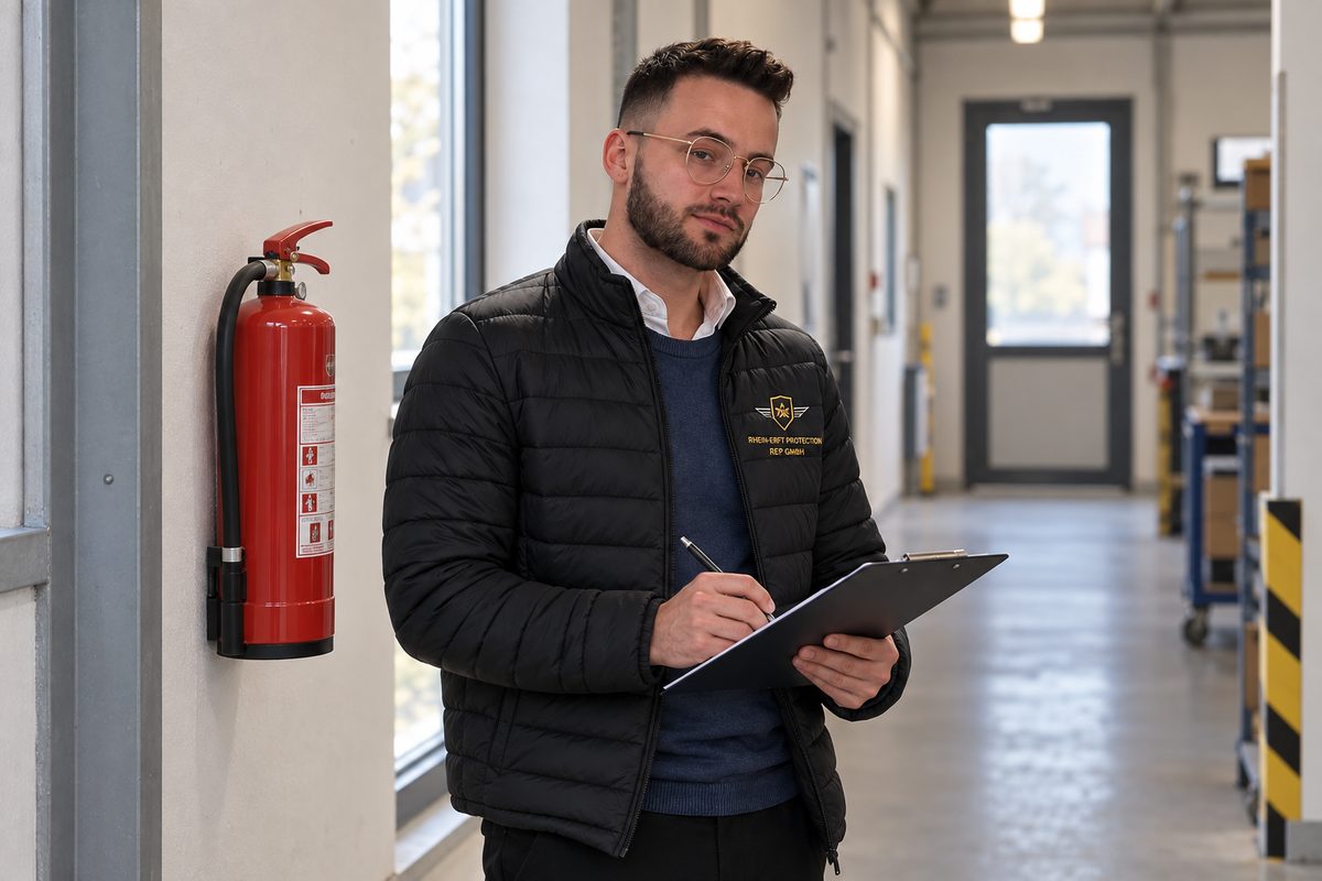 Sicherheitsmitarbeiter der REP GmbH prüft einen Feuerlöscher und dokumentiert das Ergebnis