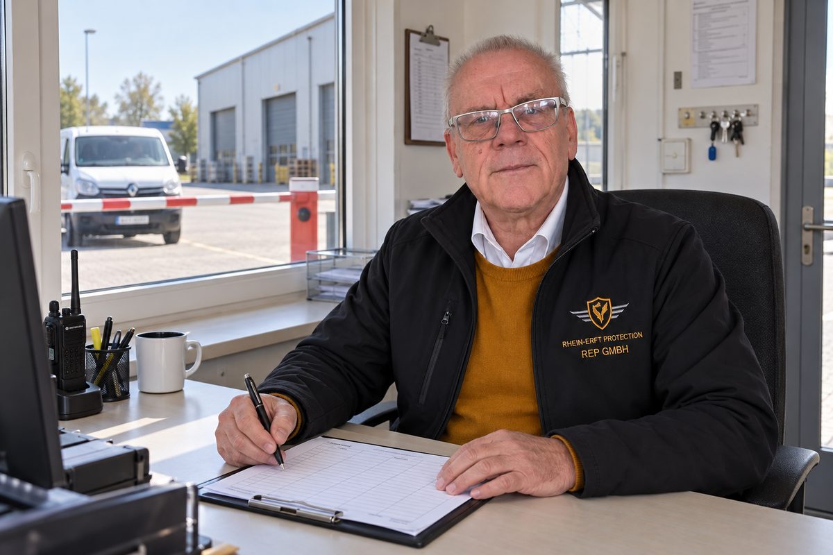 Pförtner der REP GmbH dokumentiert die Zufahrt an einer Schrankenanlage am Werkstor