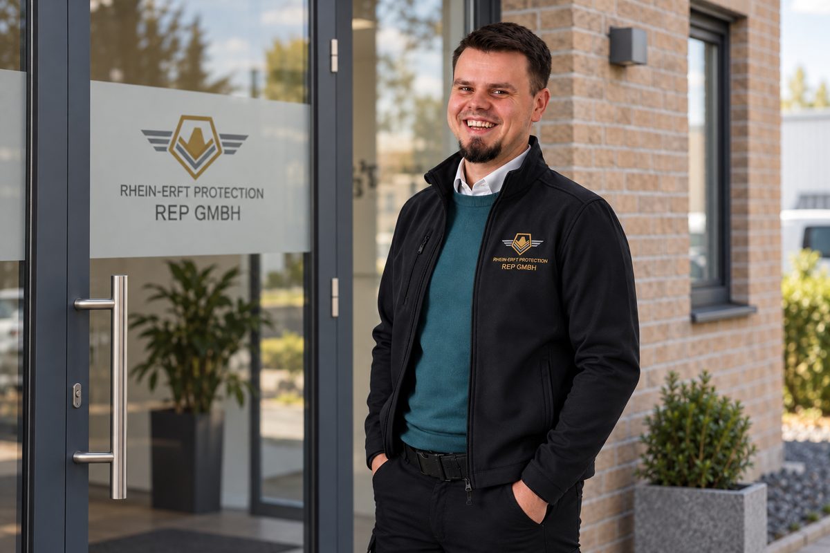 Mitarbeiter der REP GmbH vor dem Firmensitz Rhein-Erft Protection in Erftstadt