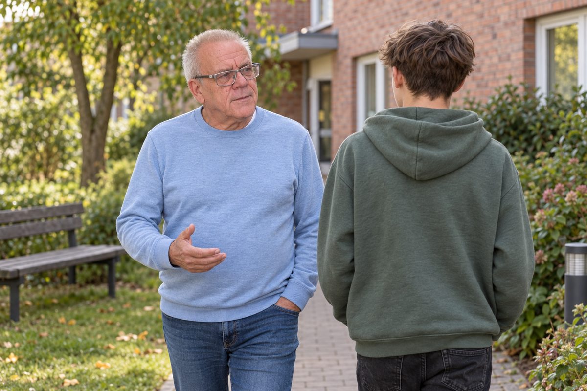 Mitarbeiter der REP GmbH begleitet einen Jugendlichen auf dem Weg zurück zur Wohngruppe