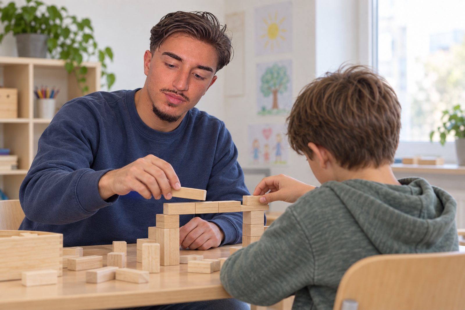 Mitarbeiter der REP GmbH baut gemeinsam mit einem Kind in einer Jugendhilfeeinrichtung mit Holzklötzen
