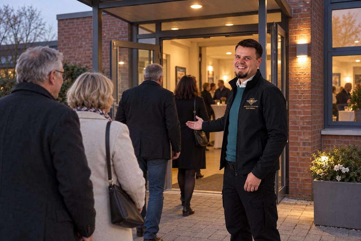 Mitarbeiter der REP GmbH am Eingang einer Abendveranstaltung