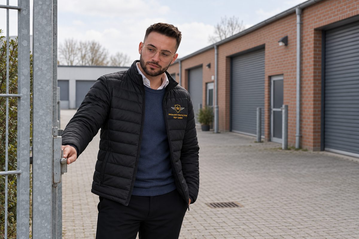 Mitarbeiter der REP GmbH kontrolliert die Hallentore auf einem Gewerbehof