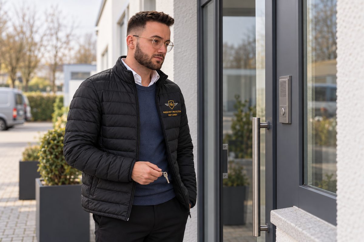 Mitarbeiter der REP GmbH in Dienstkleidung vor dem Eingang eines Gewerbeobjekts in Erftstadt