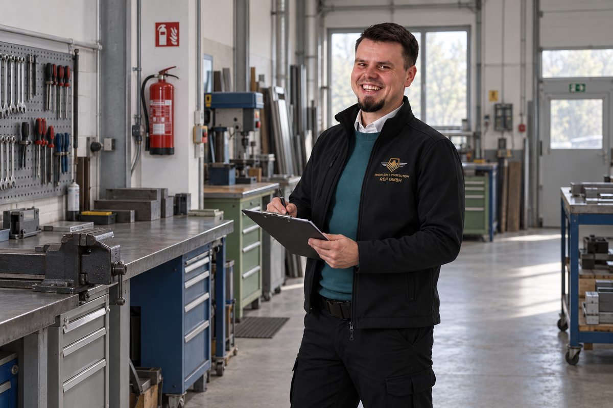 Werkschutzmitarbeiter der REP GmbH beim Kontrollgang mit Tablet in einer Produktionshalle